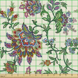 Ambesonne - Tela bohemia de The Yard, diseño retro de flores coloridas con flores exquisitas, estilo bohemio vintage, tela decorativa para tapicería y acentos del hogar, 3 yardas, color verde crema