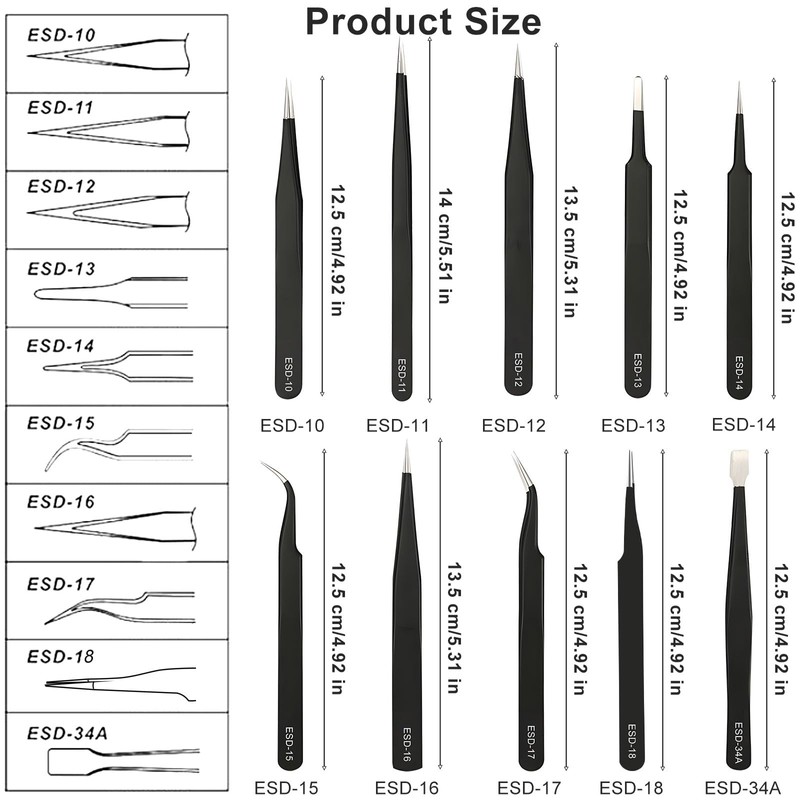 10Pcs Precision Tweezers Set, Non Magnetic Anti Static Stainless Steel