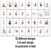 Pack of 64 Christmas Postcards with Whimsical Drawings on the