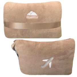 BlueHills Travel Blanket Pillow in Mini Soft Case Premium Plush Airplane Blanket in Soft Bag Compact Pack with Luggage Belt and Backpack Clip - Beige M06, M