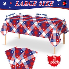 3Pack 4th of July Plastic Tablecloth Decorations, Patriotic Red Buffalo Plaid Stars Table Cover, Red White and Blue Table Cloth Decorations for Patriotic Independence Veterans Memorial Day, 54x108Inch