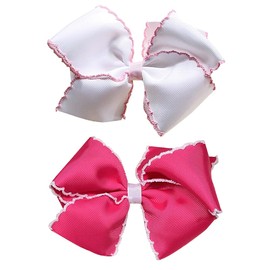 5 Inch Grosgrain Ribbon Bow Hair Clip for Baby Girls, Alligator Clips Hair Barrettes, Moonstitch Edge Hair Bows for Toddlers (White + Hot Pink)