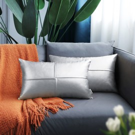 BRAWARM Faux Leather Throw Pillow Covers 12 X 20 Inches, Silver Leather Lumbar Pillow Covers Pack of 2, Hand Stitched Leather Decorative Throw Pillows for Couch Sofa Bed Living Room Home Garden