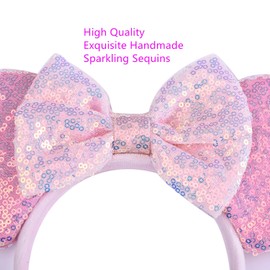 Unisex Mouse Ears Headbands With Bow & Snowflake & Sequins, for Cartoon Princess Costume Cosplay Decoration, Glitter Christmas Party for Girls & Women & Adult; FG1 (Soft Flannel Pink)