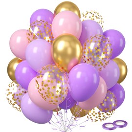 Purple Pink Balloons Set, 60 Pack 12Inch Purple Pink Gold Party Balloons Gold Confetti Balloons Latex Balloons Purple Pink Helium Balloons for Birthday Baby Shower Anniversary Wedding Party Decoration