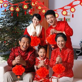 MOUNTCLIM 24 Pcs 3D Chinese New Year Garland Ceiling Decorations Chinese Red Paper Lanterns Good Luck Chinese Spring Festival Hanging Ornaments for 2025 of The Snake Lunar New Year Party Wall Supplies