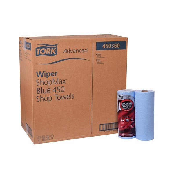Tork Advanced 450360 ShopMax Wiper 450, Roll Towel, 1-Ply, 11" Width x 9.4" Length, Blue/White (Case of 30 Rolls, 60 per Roll, 1800 Towels)