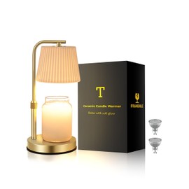 ttlehc White Classic Candle Warmer Lamp Melter - Handcrafted Ceramic Lamp Shade - Gold Base, Adjustable Height Candle Lamp Warmer with Timer, Dimmer, 2 Bulbs - fits Various Size Scented Candles, Gift