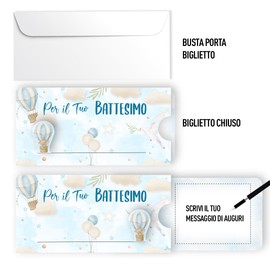Biglietti di Auguri per Battesimo, Design Mongolfiera Celeste, con Busta e Spazio per Messaggio