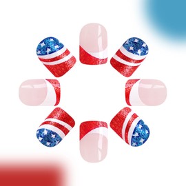 Independence Day Press on Nails Short Square Fake Nails with Glitter Star Designs Red White French Tip Nails Press ons 4th of July Acrylic Nails Blue False Nails Nude Stick on Nails for Women 24Pcs