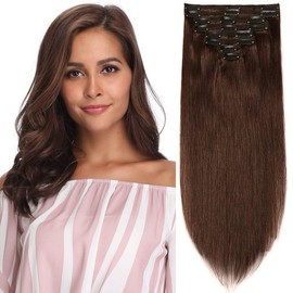S-noilite Clip in Human Hair Extensions Thick True Double Weft Clip in 100% Remy Human Hair Full Head 8 Pieces 18 Clips Straight Silky (22 Inch - 160g,Medium Brown (#4))