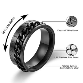 Mens Viking Rune Ring Black Stainless Steel Rotatable Ring Cuban Link Curb Band Ring Ancient Amulet Viking Jewelry Size 10