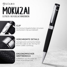 Gíabo Mokuzai Luxury Ballpoint Pen in Black, High-Quality Ballpoint Pen with a Mixture of 202 Stainless Steel/Copper, PU Leather Grip for a Comfortable Hold