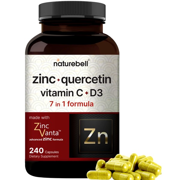 NatureBell Zinc Quercetin with Vitamin C & D3, 180 Capsules | Quercetin 1,000mg, 4 in 1 Zinc 50mg, Vitamin C 250mg, Vitamin D3 5,000 IU – ZincVanta Advanced Immune Defense & Lung Support