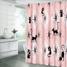 JIRGIXA Mid Century Atomic Black Cat Shower Curtain Pink Black Atomic Cat Starbursts Abstract Geometric Minimalist Funny Cat Boho 1950s 60s 70s Fabric Bathroom Decor Curtain Sets with Hooks