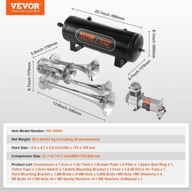 VEVOR Train Horns Kit, 4 Trumpet Air Horn Kit, 150dB Train Horns for Pickup Trucks, 12V 120 psi Air Compressor 0.8 Gal/3 L Tank with Gauge for Any 12V Vehicle Car Truck Train Van Boat Power Sound Accessory - Capacity: Train Horns + Tank + Air Compressor 