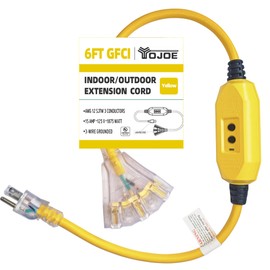 YOJOE - Cable de extensión amarillo GFCI de 6 pies, cable iluminado para exteriores de 12/3 con 3 tomas de corriente, cable de extensión SJTW de calibre 12 de 3 puntas con enchufe de tierra de 3 puntas para mayor seguridad, listado UL