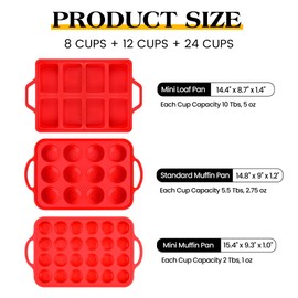 AOTASO 3 Pcs Silicone Baking Pan Set - Including 1 Pc Mini Loaf Pan, 1 Pc Standard Muffin Pan and 1 Pc Mini Muffin Pan - Silicone Cupcake Molds With Metal Reinforced Frame (Red)