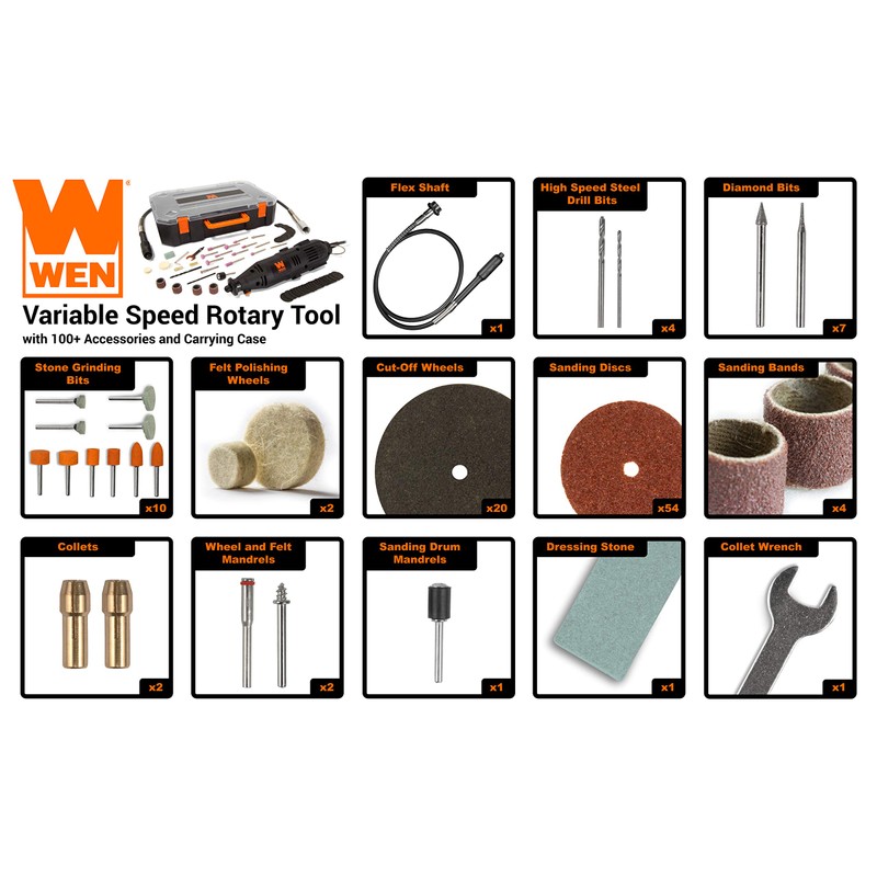 WEN 23103 1-Amp Variable Speed Rotary Tool with 100+ Accessories,