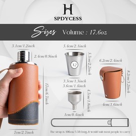 SPDYCESS Stainless Steel Hip Flask Made of PU Leather, 500 ml, Men's Hip Flask with Funnel and Cups, Carrying Alcohol for Hiking, Climbing, Fishing, Golf