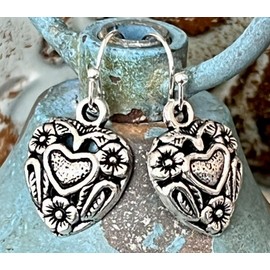 Antique Silver Heart and Flower Dangle Earrings Love Romance. Jewelry Earrings for Women #3298FE30