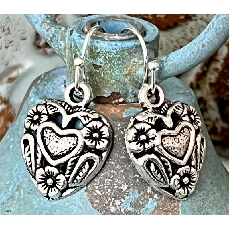 Antique Silver Heart and Flower Dangle Earrings Love Romance. Jewelry