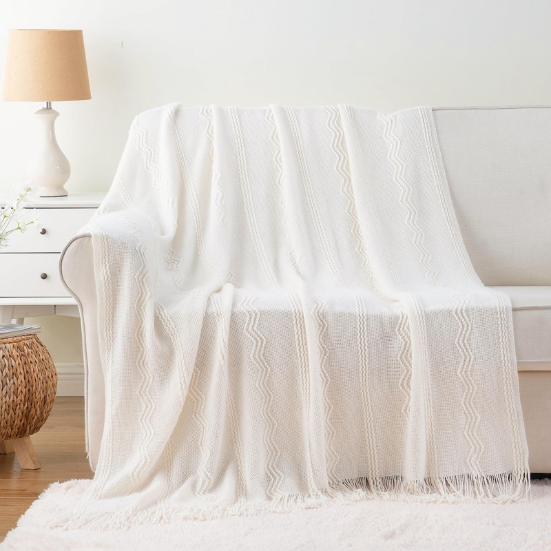 Battilo Cream Throw Blanket for Couch, Bedroom Decor Boho Throw