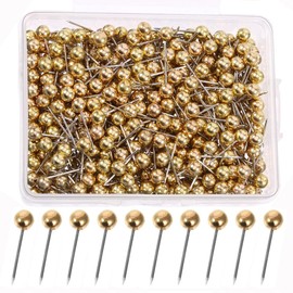 YJRUNFU 200pcs Ball Pins Decorative Thumb Tacks Round Steel Strong Push Pins for Photo Picture Exhibition Fixing Round Map Push Pins (Yellow Gold)
