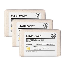 MARLOWE. No. 102 Body Scrub Soap 7 oz (3 Bars), Santal, Exfoliating Soap Bar with Shea Butter, Olive Oil & Green Tea Extracts, Cleanses, Smooths & Revitalizes Skin, Warm Amber, Spice & Citron Scent