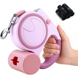Correa Retráctil para Perros, Mascotas Retráctil para Perro con Tiras Reflectantes, 5M Correa para Pasear Perros 1 Roll Bolsas de Basura y Dispensador de Bolsas (Rosa)