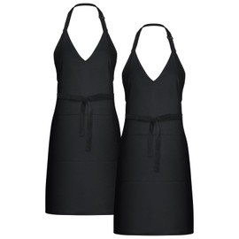 Liitrsh 2 Pcs Unisex V Neck Apron 2 Pocket Tuxedo Server Apron Long Waist Tie Adjustable Waiter Pinafore Bistro(Solid Black)
