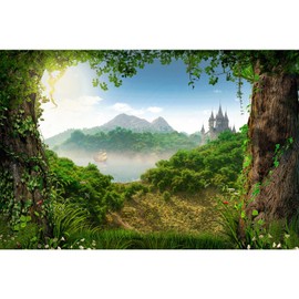 Forest Aquarium Background Fairytale Castle Tranquil Lake Fish Tank Background Tropical Rainforest Natural Landscape Terrarium Background Mountains Blue Sky Reptile Habitat Background 72x24in