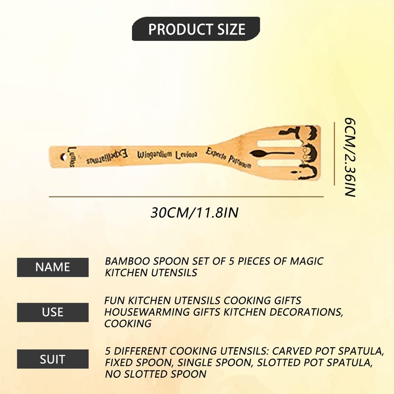 Bamboo Spoon Set with 5 Magic Kitchen Utensils, Engraved, Funny