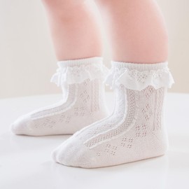 Mini angel Girls Ruffle Socks Eyelet Lace Socks Seamless Princess Frilly Pageant Sock for Kids 3-5 Years (White 3 Pairs, L)