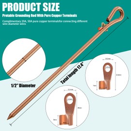 Generator grounding kit with 6ft Female Ground Cord,grounding rod for generator,Grounding Wire with Crocodile Clip for Electric Fences,Antennas (17.4 inch Ground Rod)