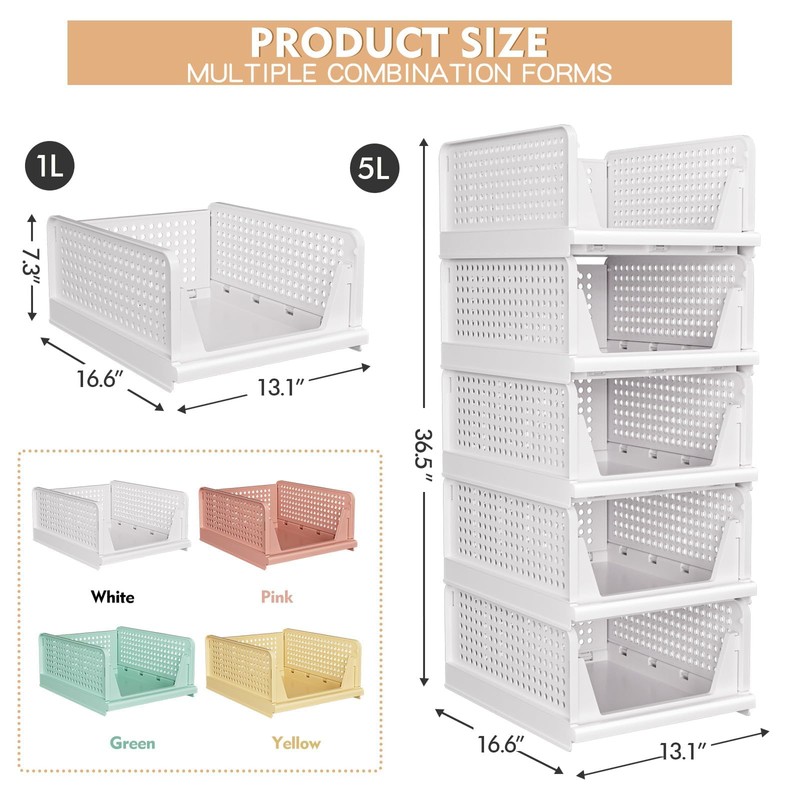 5 Pack Stackable Closet Storage Basket - Stackable Storage Bins,