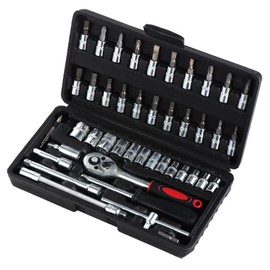 HSEAMALL 46PCS Socket Set,1/4" Drive Ratchet Socket Wrench Driver Bits Metric Set Flexible Extension Rods Screwdriver Bits for Car Bicycle Repair (Upgraded Design - Black)