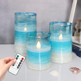 PETRISTRIKE Blue Flickering Flameless Candles with Remote - Glass Battery Operated LED Pillar Candles for Beach/Coastal Theme Wedding Decorations (Set of 3)