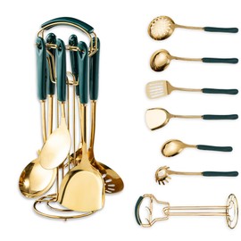 Gold Kitchen Utensils,7pieces Gold Cooking Utensils Set,Kitchen Tools Set With Utensil Holder, gold kitchen accessories,Dishwasher Safe, Easy To Clean(Green)