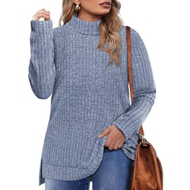 CARCOS Plus Size Tops for Women 3X Long Sleeve Tunics Lightweight Shirts Basic Turtleneck Solid Blue Pullover Knit Sweaters 2023 Loose Fit Fall Winter 3XL 22W 24W