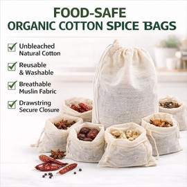 Organic Cotton Spice Bags with Drawstring – 30 Pcs Reusable Muslin Tea Bags for Cooking, Soup, Herbs & Loose Leaf Tea – Cheesecloth Straining Pouches, 3x4 Inch