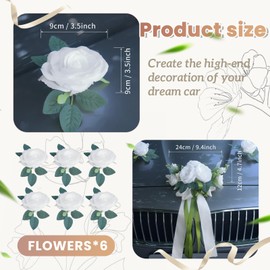 CusDusk Car Wedding Decoration Garland, Artificial Floral Bouquet with Ribbons, Just Married Front Vehicle Flower Decor, 6 White Flowers & Front Knot for Wedding Party Cars Decorations