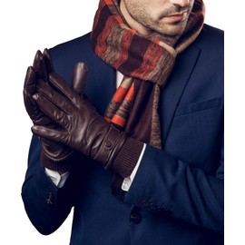 YISEVEN Men's Ribbed Cuff Fleece Lined Lambskin Leather Gloves Touchscreen Winter Warm Soft Genuine Sheepskin Luxury Dress Fashion Driving Motorcycle Cold Weather Gifts, Brown 10.5"/XXL