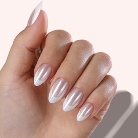 White Press On Nails French Tip | GJZEZ Short Almond Soft Gel Chrome Glazed Fake Nails with Aurora Pearl Shine, Simple & Clean False Nail | 16 Sizes - 32 Reusable Nail Kit with Glue, Swan White