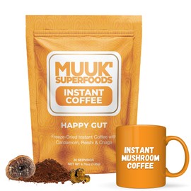 MUUK' SUPERFOODS |Happy Gut Mushroom Coffee | 100% Arabica Freeze-Dried Instant Coffee with Cardamom, Reishi & Chaga Mushroom Powder | 4.7oz (135g) 30 Servings