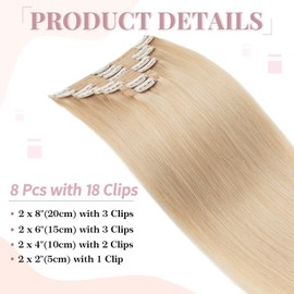 Tess Real Hair Extensions - Clip-In Hair Extensions - Double Wefts for Complete Hair Extension - 8 Pieces, 18 Clips, Straight, 7A Thick Hair