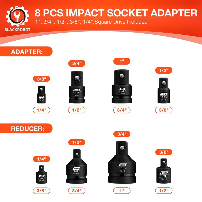 BLACKROBOT 8PCS Impact Socket Adapter Set, 1” 3/4” 1/4" 3/8"