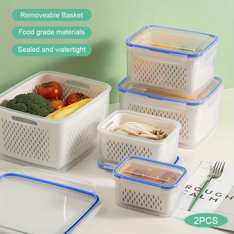 2 Pack Fruit Storage Containers for Fridge with Removable Drain