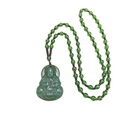 Laughing Buddha Pendant Necklace Green Black Imitation Jade Buddha Guanyin Crystal Beaded Rope Chain Gemstone Lucky Amulet Jewelry for Women Men-Green guanyin