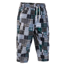 Sungerdasa Men's Harem Yoga Shorts Cotton Capri 3/4 Pants Patchwork Casual Beach Shorts Drawstring Cropped Trousers Brown